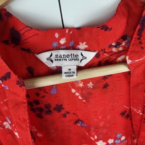 Nanette Lepore Pleated Floral Red Midi Dress Waist Tie | Medium 8 - Picture 4 of 10